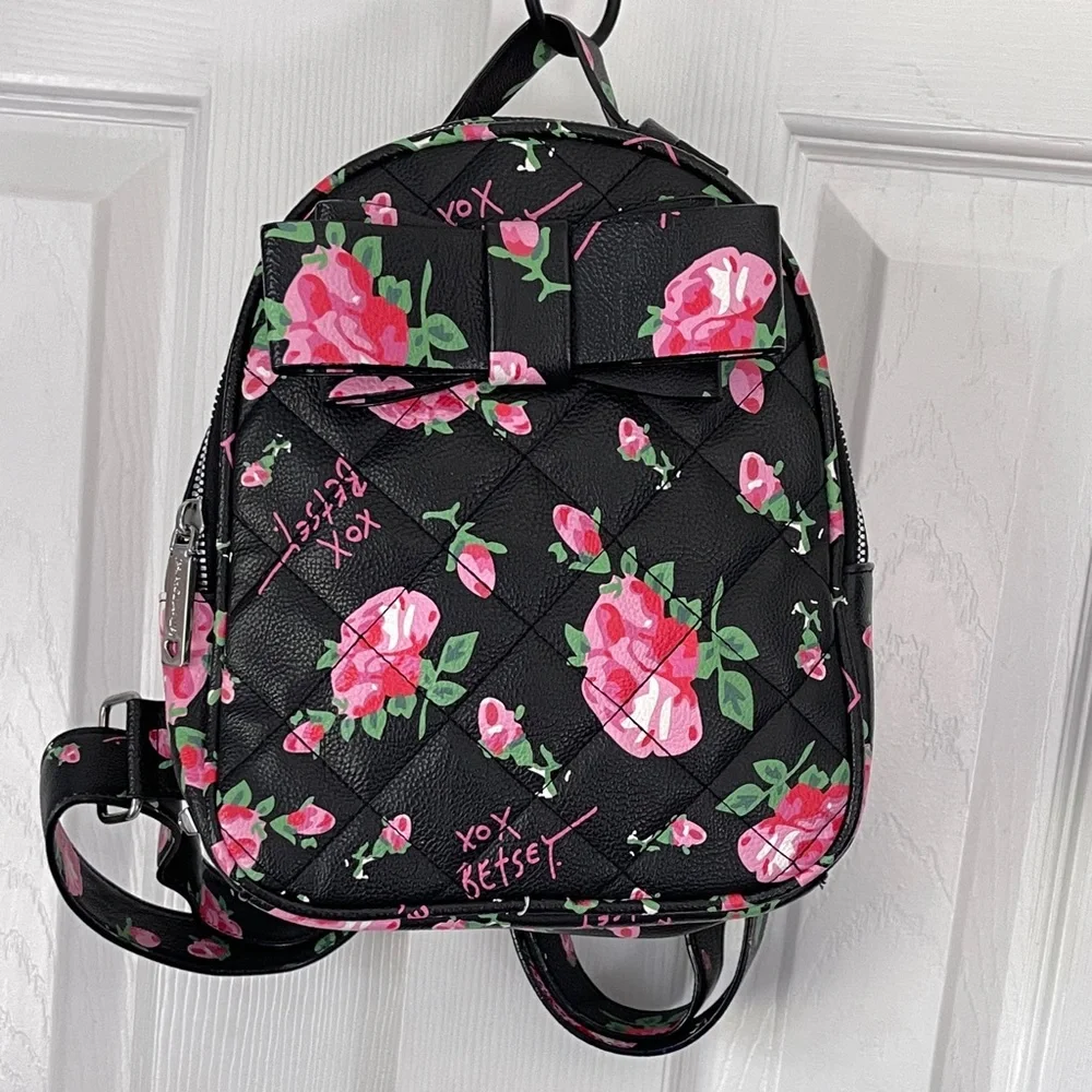 Betsey Johnson Floral Black Mini Backpack with Pink Accents - Picture 11 of 12